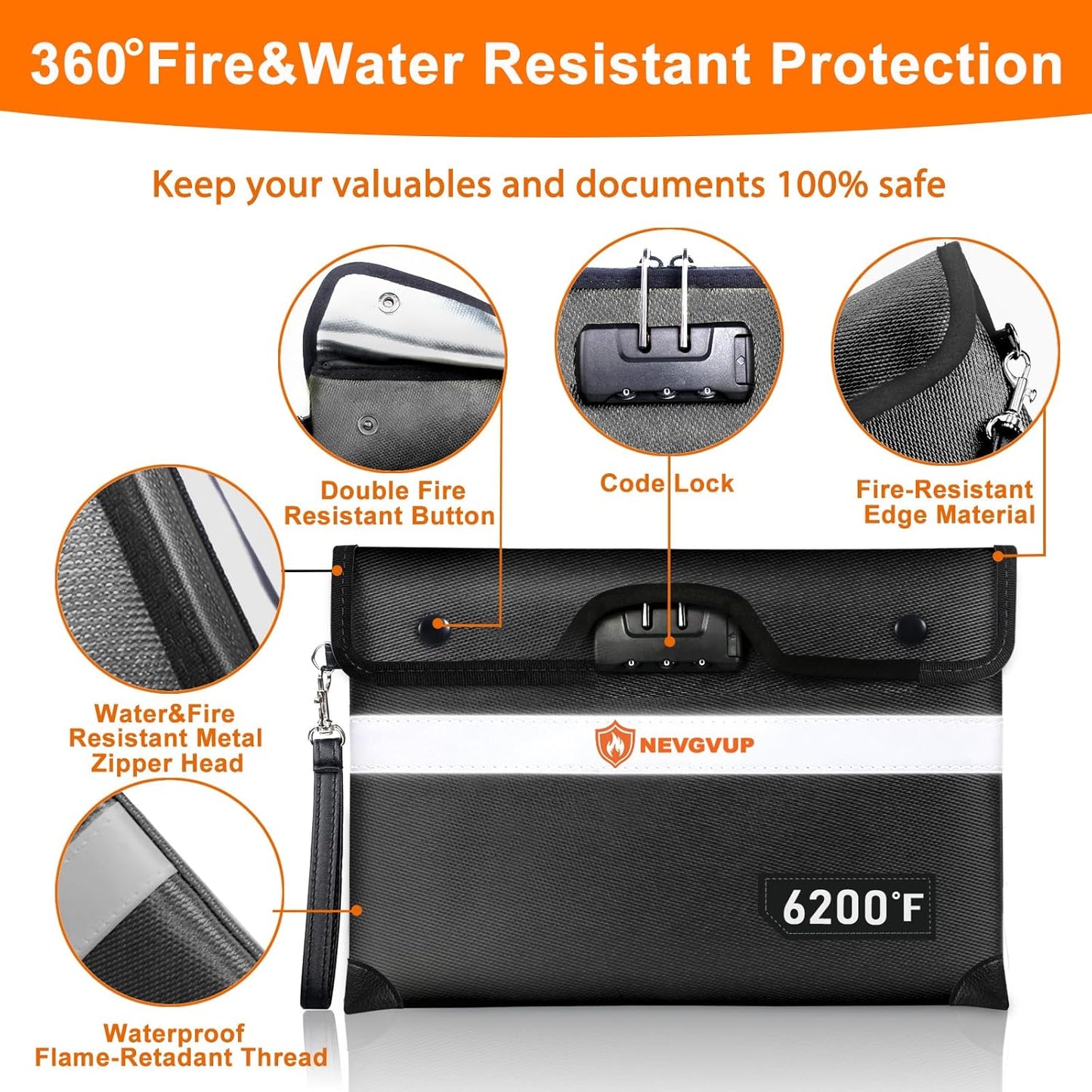 6200°F Upgraded Fireproof Money Bag with Lock, Fireproof Bag for A5 Documents w. Zipper/Reflective Strip, 9 Layers of Heat Insulated Materials, Water Resistant Fire Proof Money Bags for Cash,Valuables