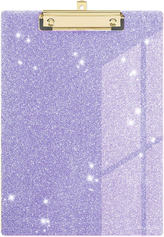 Glitter Acrylic Clipboard Decorative Standard A4 Letter Size 12.2" x 8.7", Fashion Bling Clip Boards with Designed Low Profile Gold Clip for Classroom Office - Purple