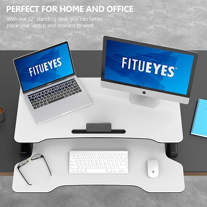 FITUEYES Height Adjustable Standing Desk 32” Wide Sit to Stand Converter Stand Up Desk Tabletop Workstation for Laptops Dual Monitor Riser White SD308003WW