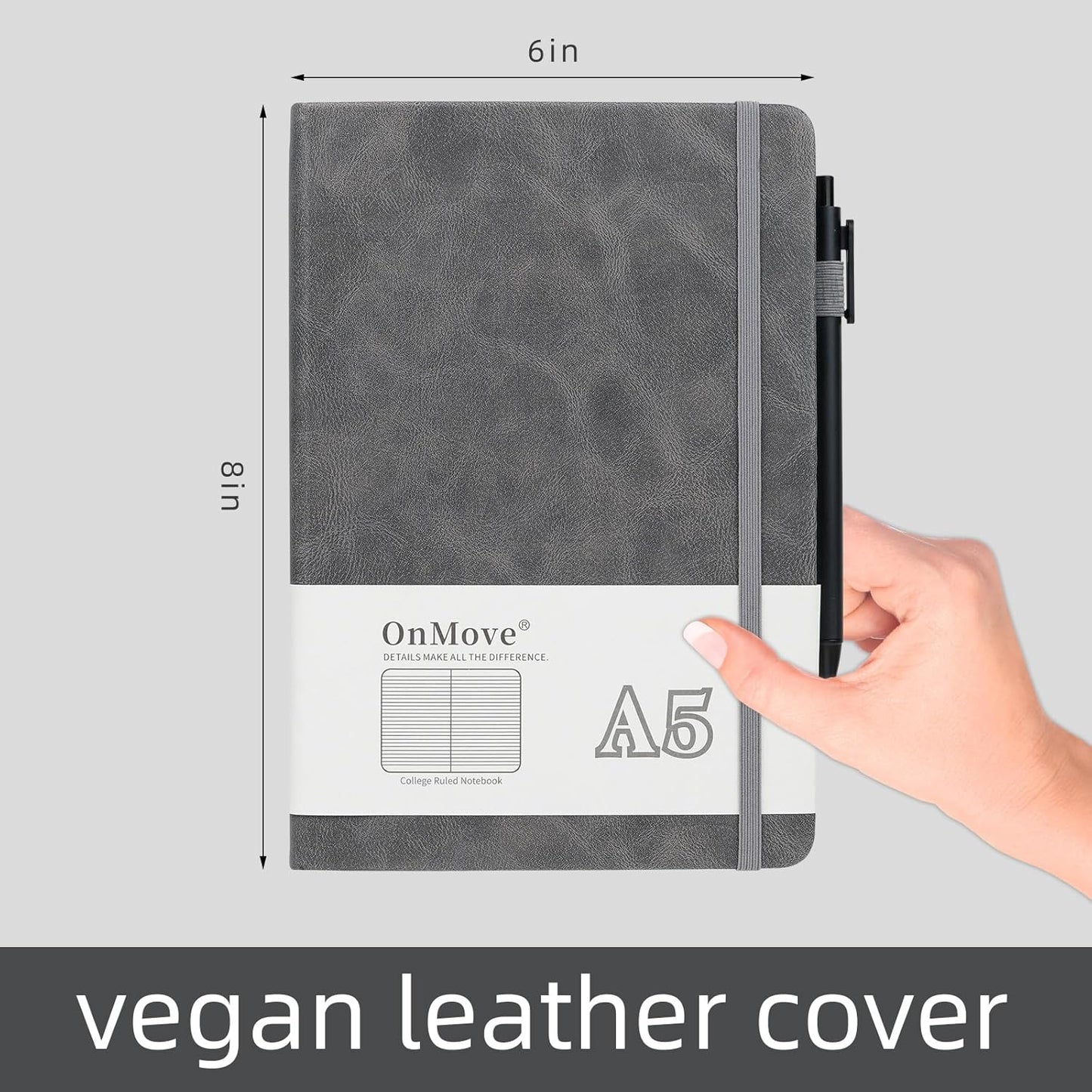 Notebooks Journal for Women Men 5 Pack Bulk Leather Hardcover with Pen Holder A5 160 Pages 100 GSM Thick Paper for Work School Lined Gray