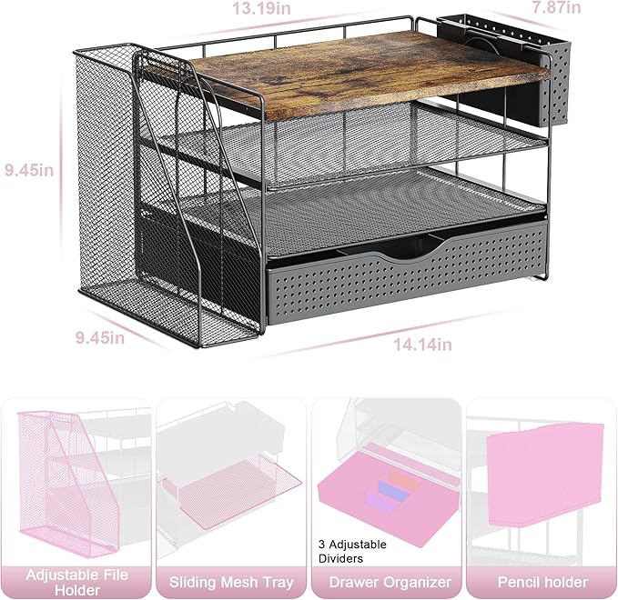 gianotter Wood Desk Organizers and Accessories with File Holder, 4-Tier Desk Accessories & Workspace Organizers with Drawer and Pen Holder, Paper Organizer for Office Supplies (Wood)