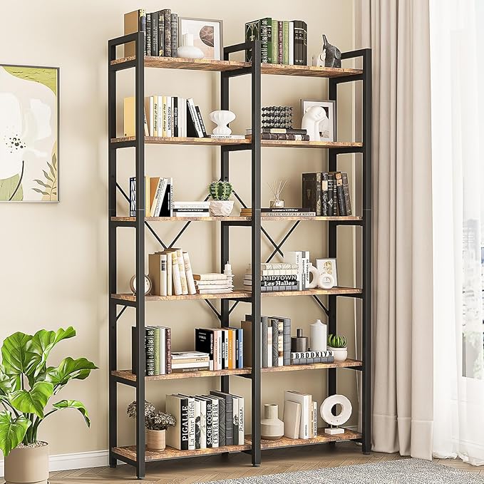oneinmil Bookshelf 6 Tier, 71.5'' Industrial Wood Bookshelves, Book Shelf with 12 Open Display Shelves & Metal Frame, Tall Bookcase for Home and Office, Rustic Brown