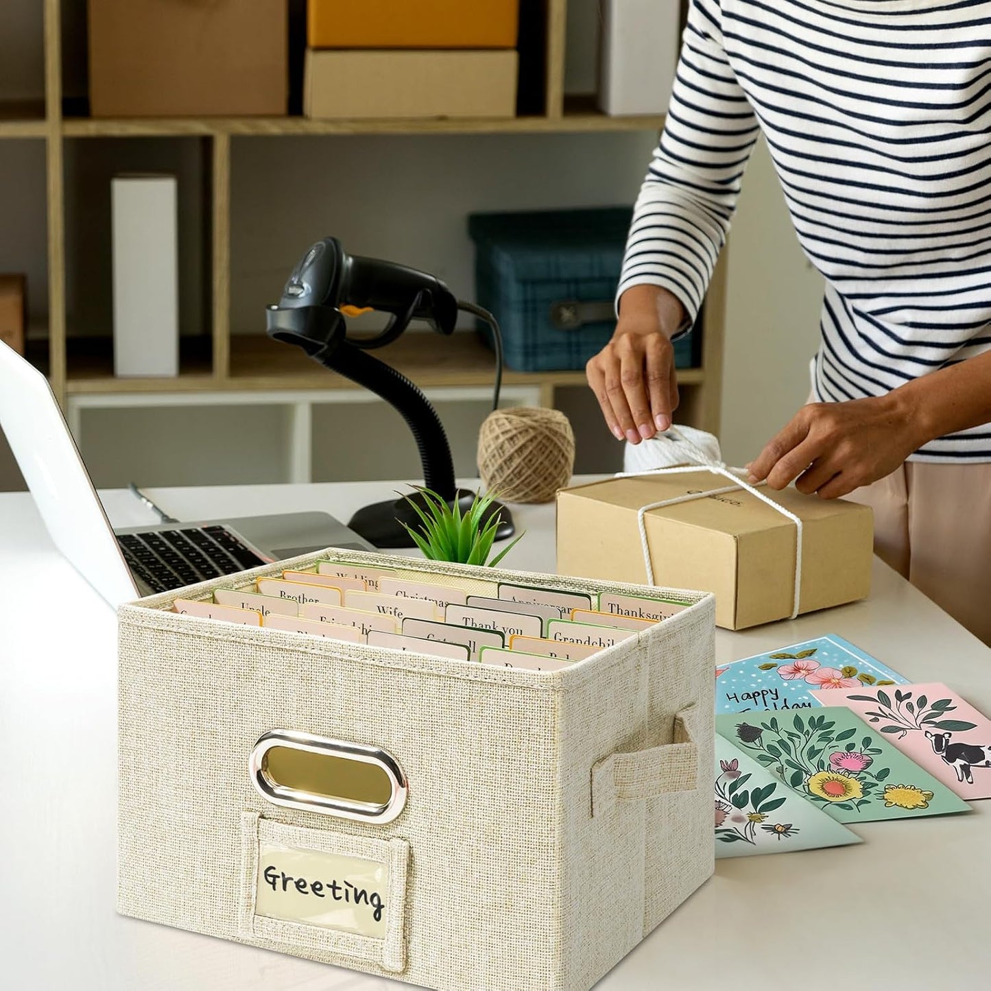 Vienrose Greeting Card Organizer 1 Pack, Storage Box with 20 Adjustable Dividers, Foldable Organizer Box Holds over 150 Cards, Storage Stickers Recipes Photos Envelopes Bills Vinyl Records, Beige