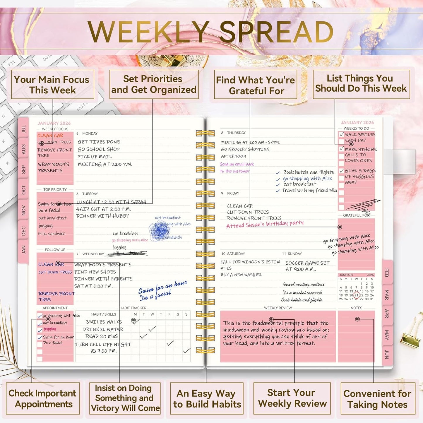 Academic Planner 2025-2026, Weekly and Monthly Planners for Women, Jul.2025 - Jun.2026, AIMPEAK Daily Calendar Planner for Teacher & Student, Monthly Tabs, Pink Marble, 7"x10"