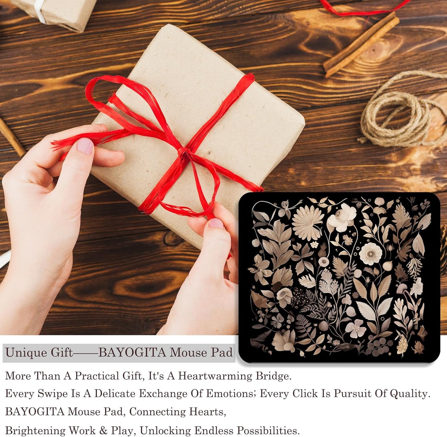 Floral Black Mouse Pad - Vintage Floral Decor Mousepad, Black Boho Flower Office Desk Mouse Pad, Boho Coworker Gifts, Gifts for Flower Lovers, 9.5x8 Inches