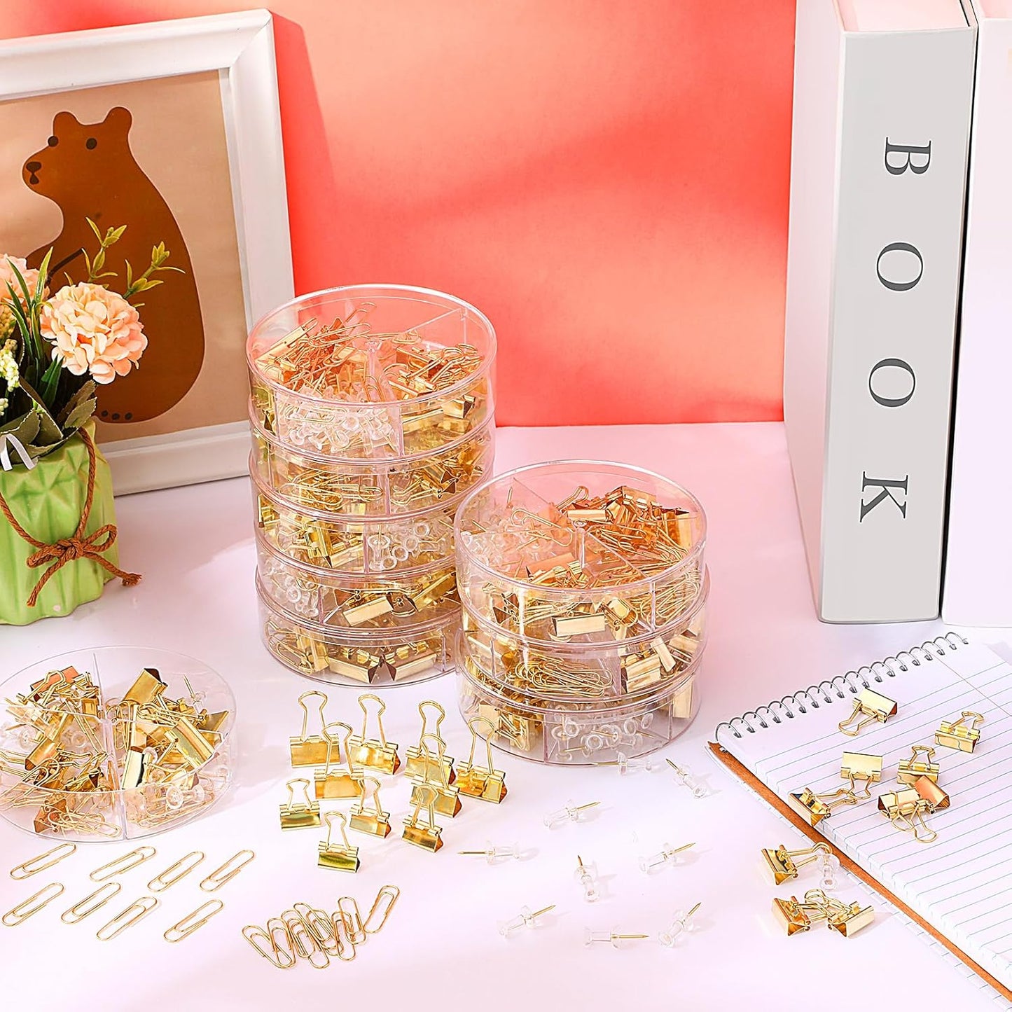 1560 Pcs Paper Clips and Binder Clips Assorted Sizes, Large Medium Small Binder Clip Paperclips Thumb Tacks, College Supplies Home Office Supplies Document Organizing(Gold)