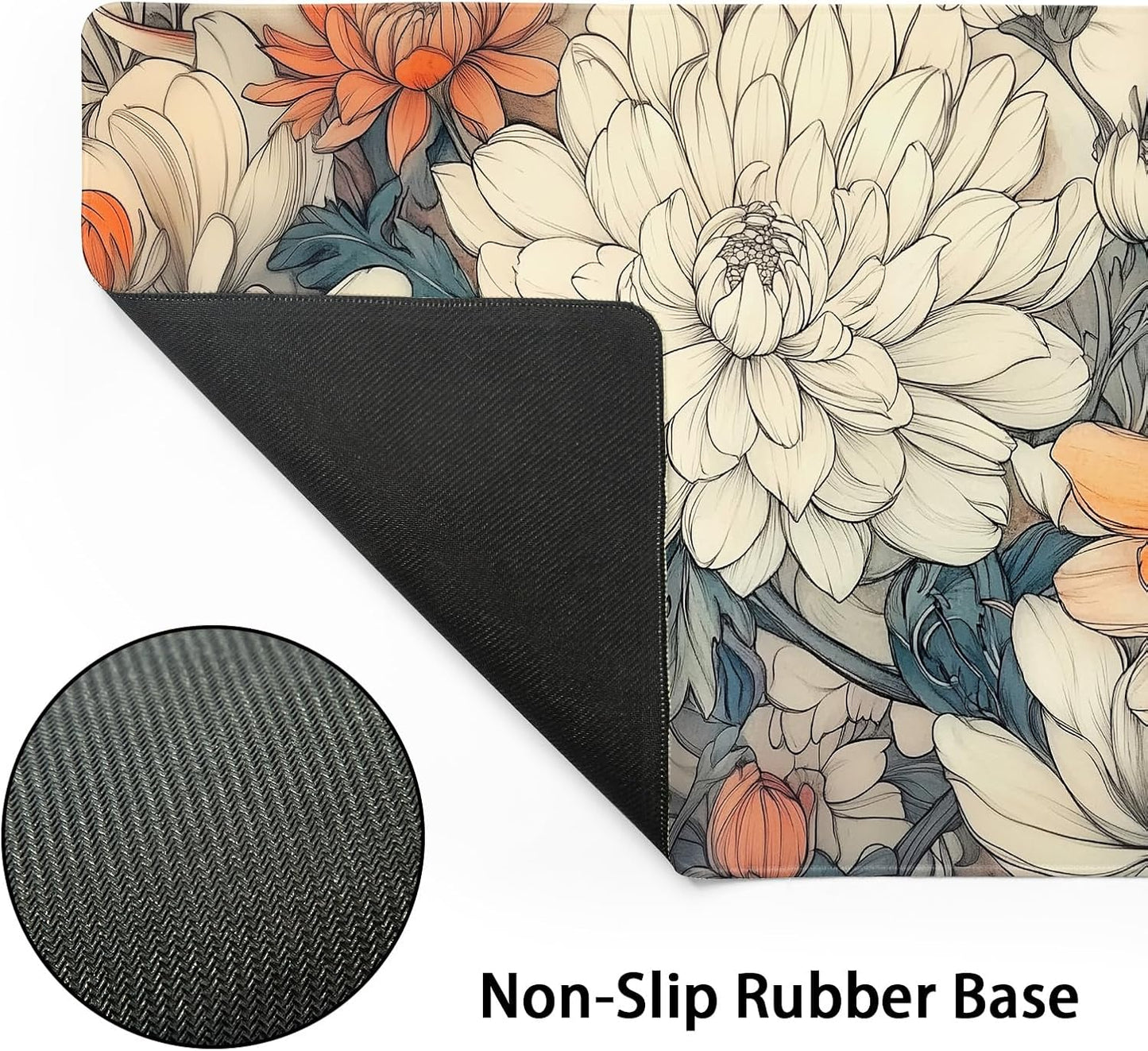 Minimalist Floral Gaming Mouse Pad XXL White Orange Aesthetic Flowers Japanese Extended Large Mat Mousepad Non-Slip Rubber Base Stitched Edge Keyboard Pad Playmat for Computer,35.4×15.7 Inch