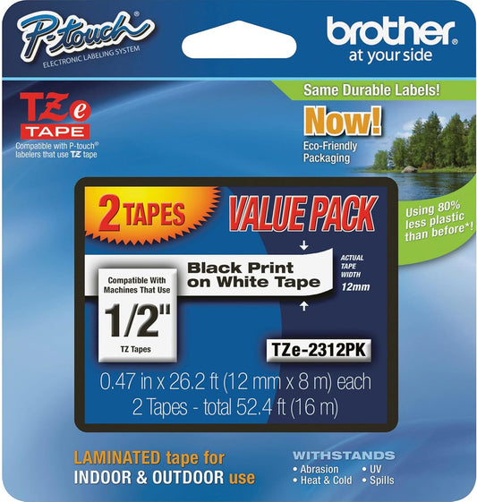 Brother Genuine P-Touch, TZe-231 2 Pack Tape (TZE2312PK) ½”(0.47”) x 26.2 ft. (8m) 2 Count (Pack of 1) Laminated P-Touch Tape, Black on White