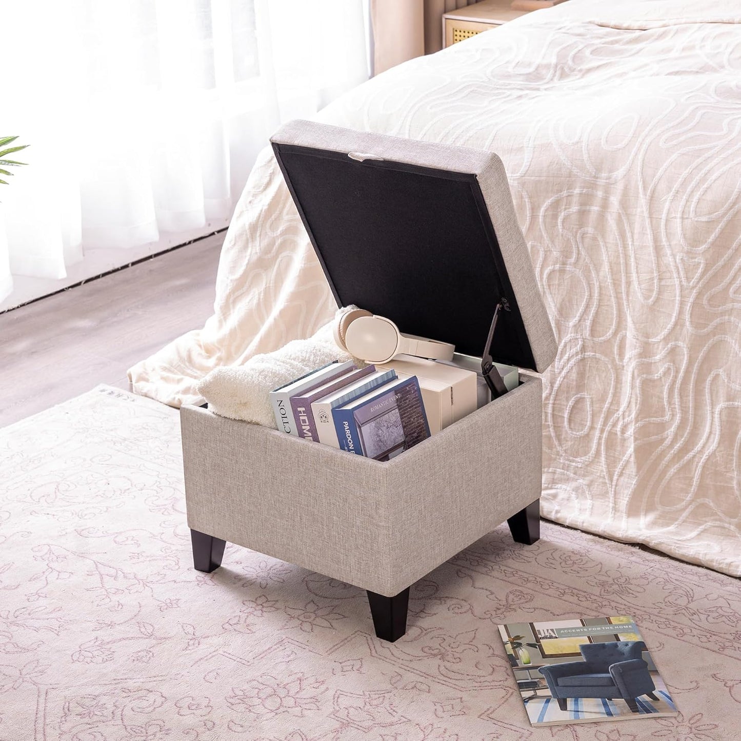 Adeco 18 Inch High Cube Ottoman Storage, Linen Chair Foot Stools, Upholstered Vanity Stool with Hinged Lid, Solid Wood Legs (Beige Grey)