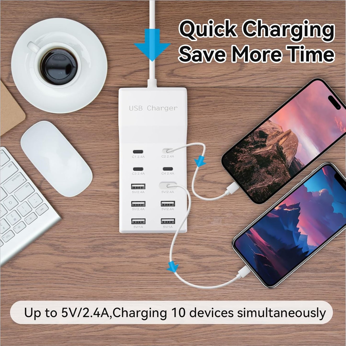 USB Charging Station, 10 Ports Family-Sized USB C Charger Block,USB Power Strip for Smart Phone Tablet Laptop Computer (1 Pcs)