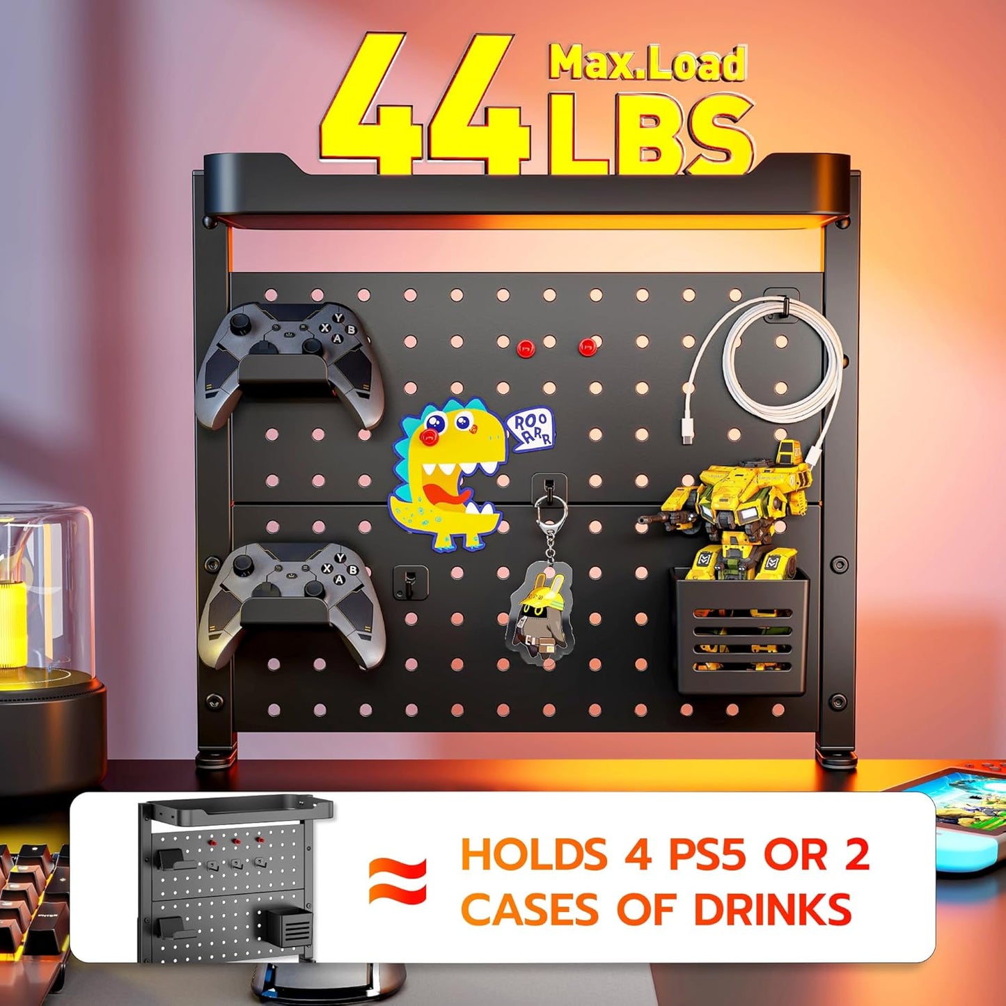 ARES WING Desk Clamp On Pegboard with 16 inches Organizer Shelf, Adjustable Above or Under Desk Storage Shelf Holds 44 lbs, Magnetic Metal Peg Board for Office and Gaming Accessories, Black