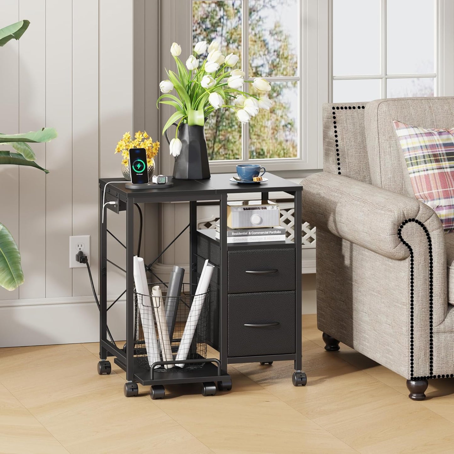 Printer Stand with Power Outlet/Fabric Drawers, Printer Cabinet with Storage Shelf and Rolling Shredder Stand, Printer Table for Home Office, 22.8"×15" Black