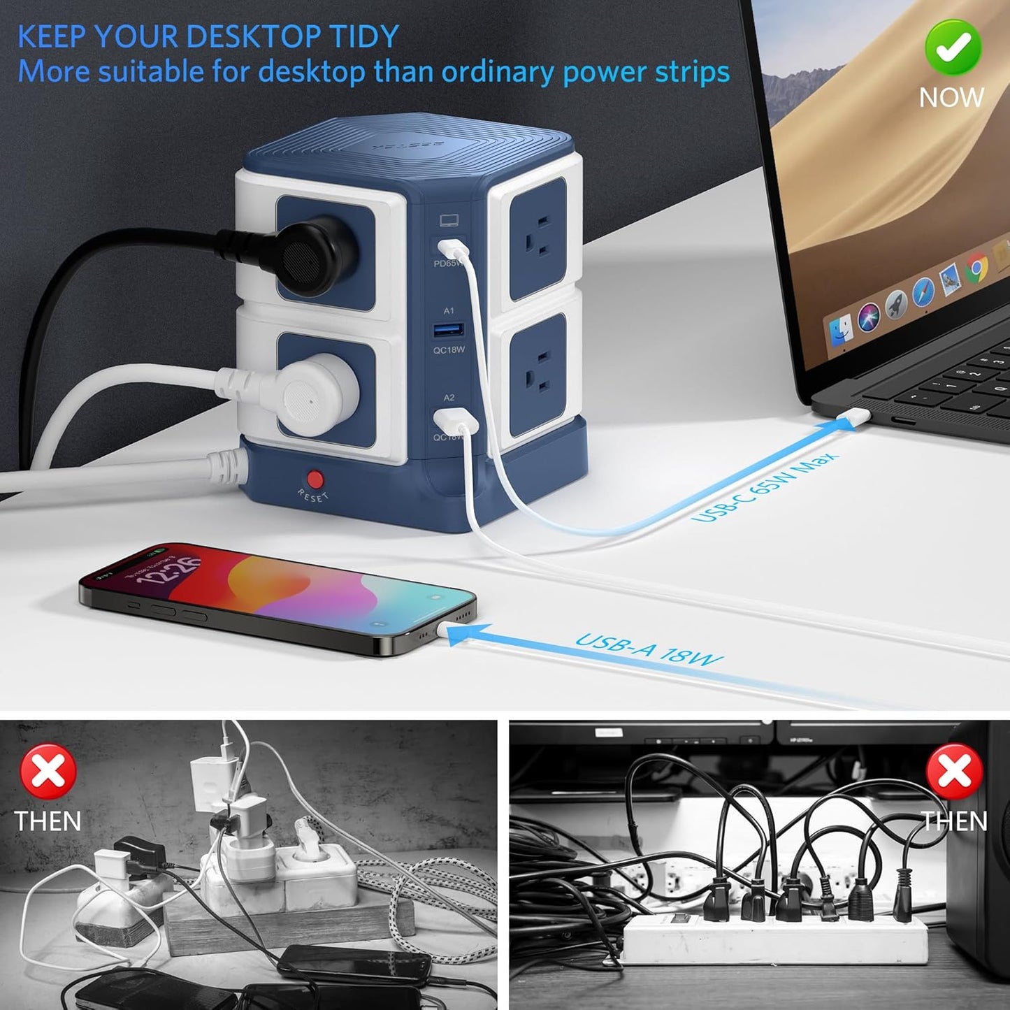 BESTEK PD 65W USB Power Strip Tower Surge Protector, Desktop Charging Station with 8-Outlet Widely Spaced AC Outlets with 2 USB-A USB-C PD3.0 Ports, 4.9ft Heavy-Duty Extension Cord for Home Office