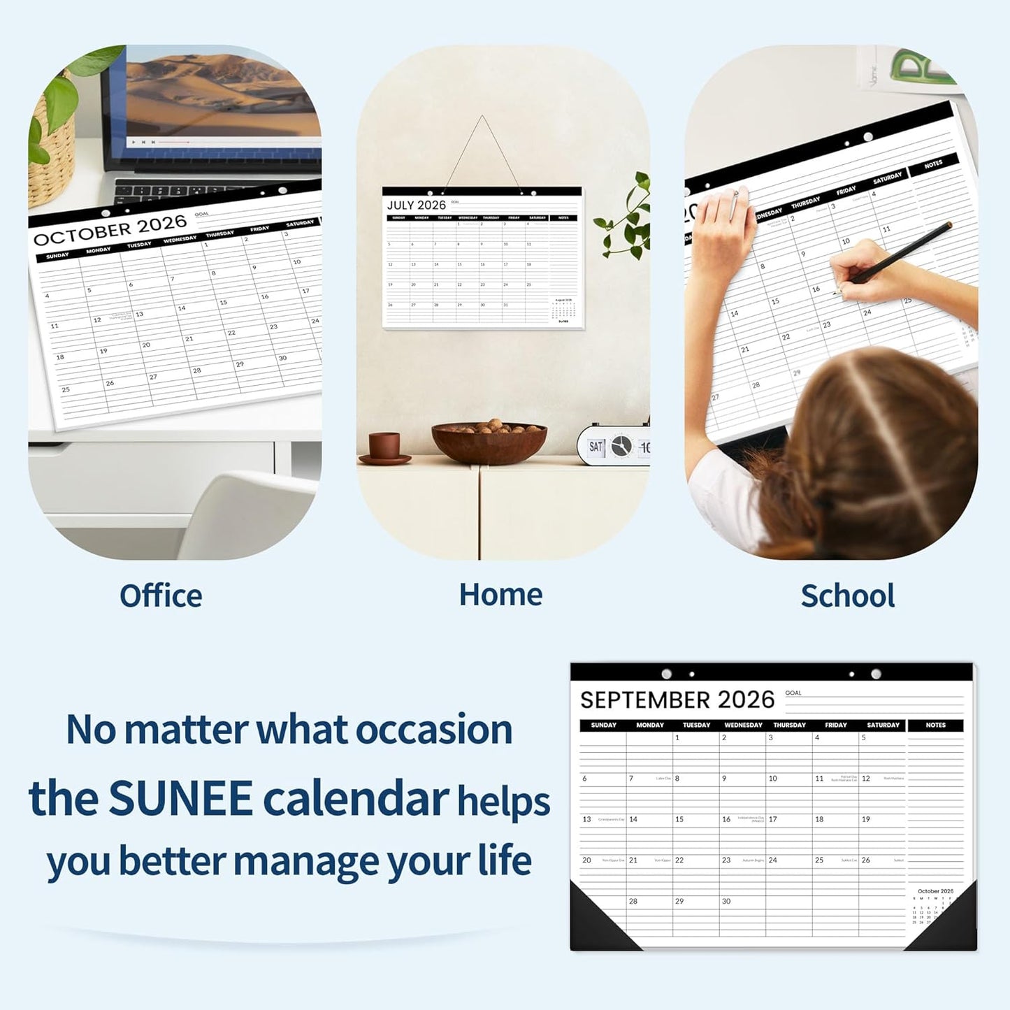 SUNEE Desk Calendar 2025-2026 17x12, 18 Months, JUL. 2025 - DEC. 2026, Academic Calendar 2025-2026, School Year Large Desktop Calendar Monthly for Teacher, Black with Note