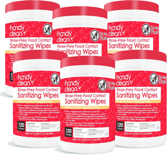 HandyClean Rinse-Free Food Contact Sanitizing Wipes Canister, Multi Surface Cleaning Wipes Cleaning Supplies for Kitchen and Professional Setting 6-Pack (120 Wipes Each)