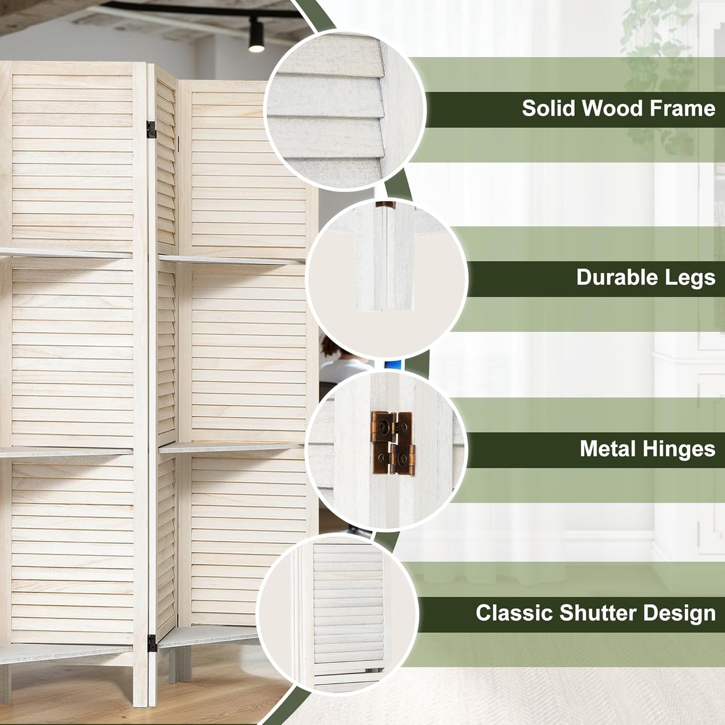 NicBex 4 Panel Room Divider 5.6FT Louvered Design Room Dividers with Display Storage Shelves Folding Privacy Screens Portable Freestanding Partition Wall Dividers for Home Bedroom Office, White