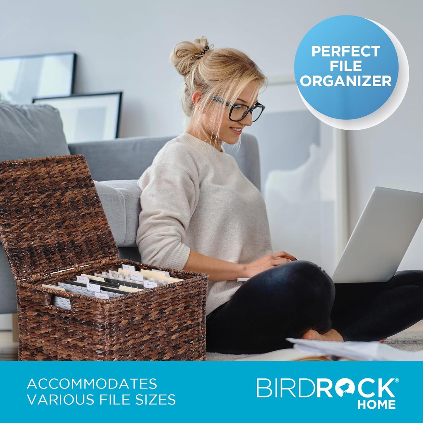 BIRDROCK HOME Seagrass Rolling File Cabinet - Storage Organizer Box with Lid - Home Office Decor - Decorative Organize - Letter Legal Hanging Filing Container - Strong Durable Toy Pillow - Espresso