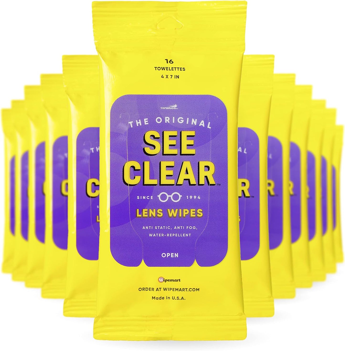 See Clear Original Lens Cleaning Wipes - Pre-Moistened Eyeglass & Screen Cleaning Cloth Towelettes - Streak Free, Scratch Free Lens & Electronic Screen Cleaner - 12 Resealable Packs of 16 (192 Wipes)