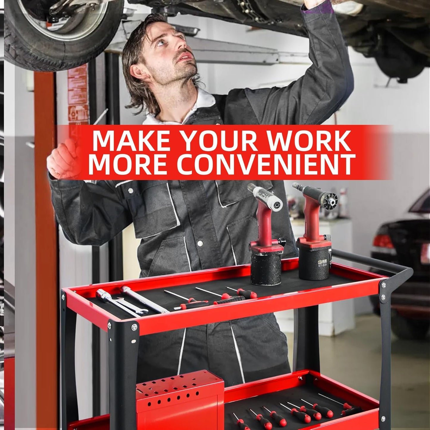 3 Tier Tool Cart with Wheels, Heavy-Duty Steel Utility Rolling Cart, 660 lbs Loading Capacity for Workshop, Garage, Warehouse, Repair Shop