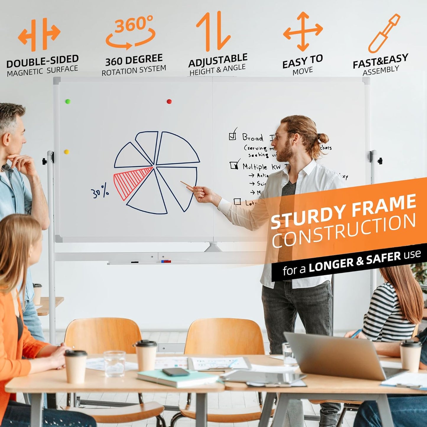 Rolling Whiteboard, 48"x60" White Board with Stands Movable Dry Erase Board on Wheels, Large Double Sided Standing Whiteboard for Office School Classroom Presentation Supplies, Pearl White