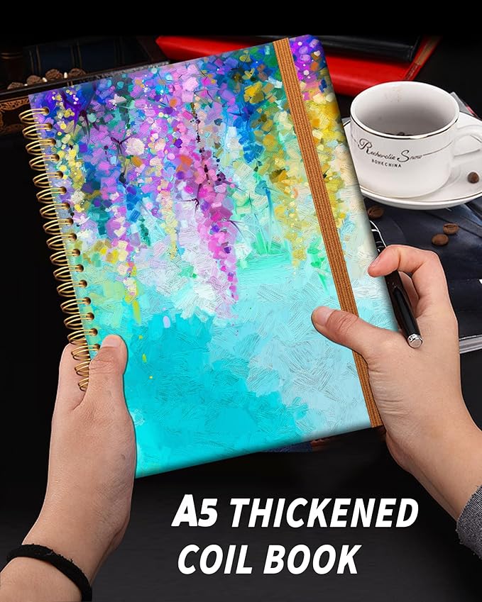 Ruled Spiral Writing Notebook,A5 Hardcover Lined College Journal for Women Lady,Fashion Puppy Watercolor Strong Twin-Wire Binding with Premium Paper,8.4" X 6",Perfect for School,Office,Home Gifts(Oil Painting Spring Flowers)