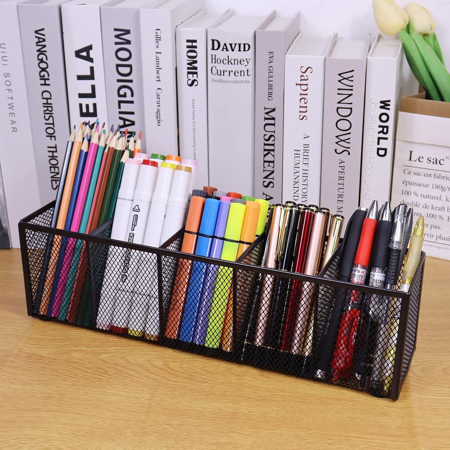 2PCS Black Mesh Pen Pencil Holder, Small Metal Desk Organizer Desktop Stationery Office Supplies Acessories Storage Stand, 5 Compartments Brushes Holder for Home School Classroom Teachers