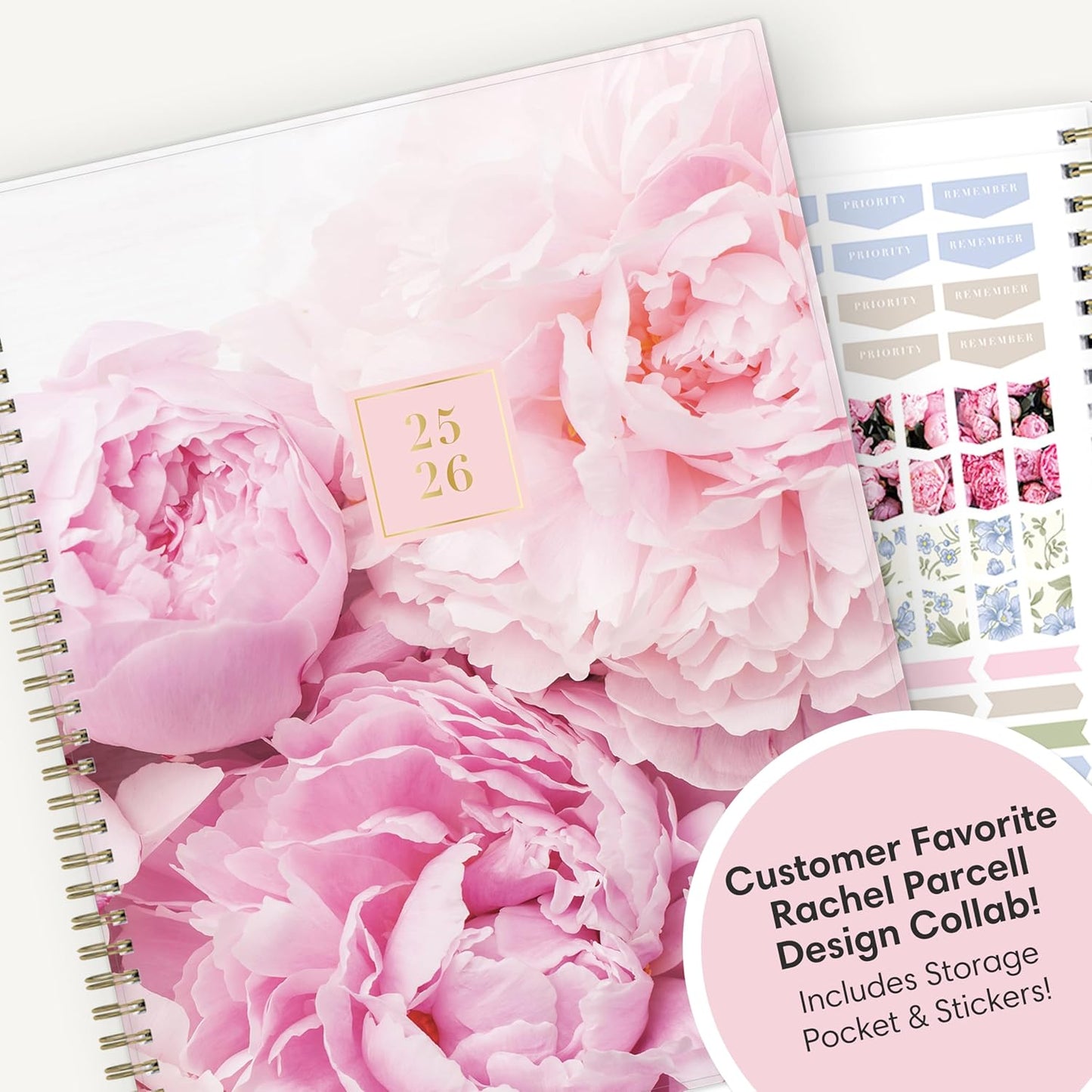 Blue Sky Rachel Parcell 2025-2026 Weekly and Monthly Academic Year Planner Calendar, July 2025 - June 2026, 8.5" x 11", Flexible Cover, Wirebound, Laminated Tabs, Storage Pocket, Includes Stickers, Peony