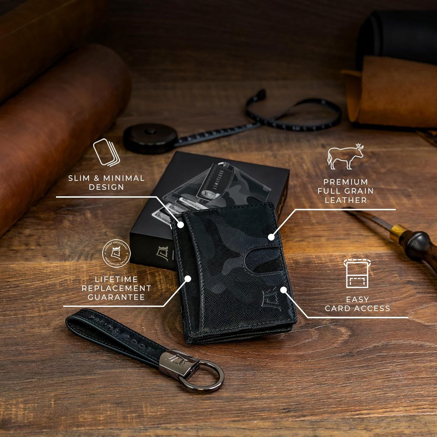 Kings Loot Money Clip Slim Minimalist Wallet for Men – RFID Blocking Leather Design with Money Clip – Front Pocket Bifold Holds 12 Cards – Stylish & Compact Wallets (Camo Black)