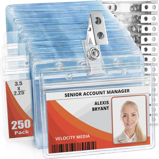 Mifflin-USA Horizontal Plastic Card Holder with Metal Clip and Vinyl Straps (Clear, 3.5x2.25 Inch, 250 Pack), Waterproof PVC ID Name Badge Holder with Clip