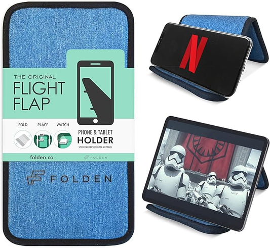 Folden Airplane Phone Holder, Flexible Cell Phone Holder, Folding Cellphone Stand for Desk, Bed, Office, Treadmill - Airplane Gadgets for Long Travel Accessories - Plane Essentials (Blue Denim)
