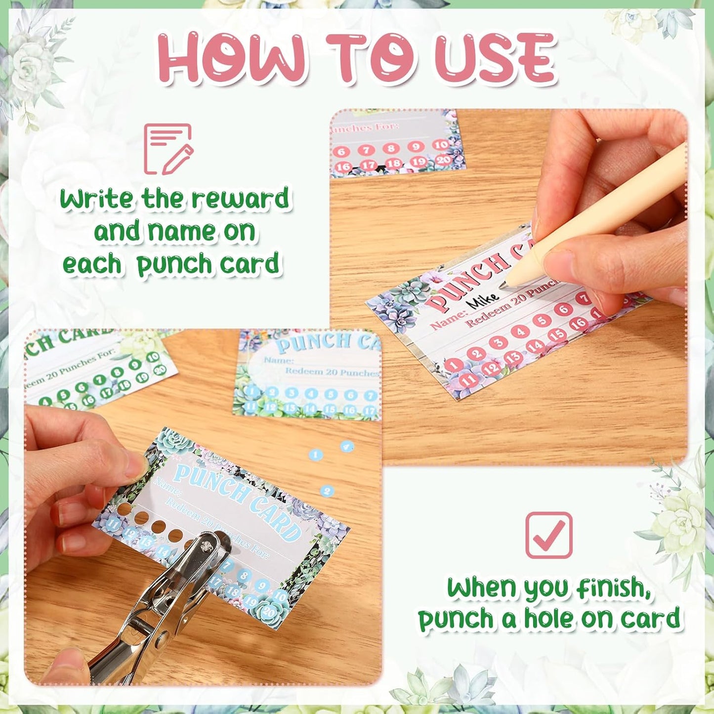 Fumete 400 Pcs Punch Cards for Classroom Reward Cards Behavior Incentive Loyalty Awards for Kids Students Teachers School Business, 8 Styles, 3.5 x 2 in(20 Succulent Punches Style)