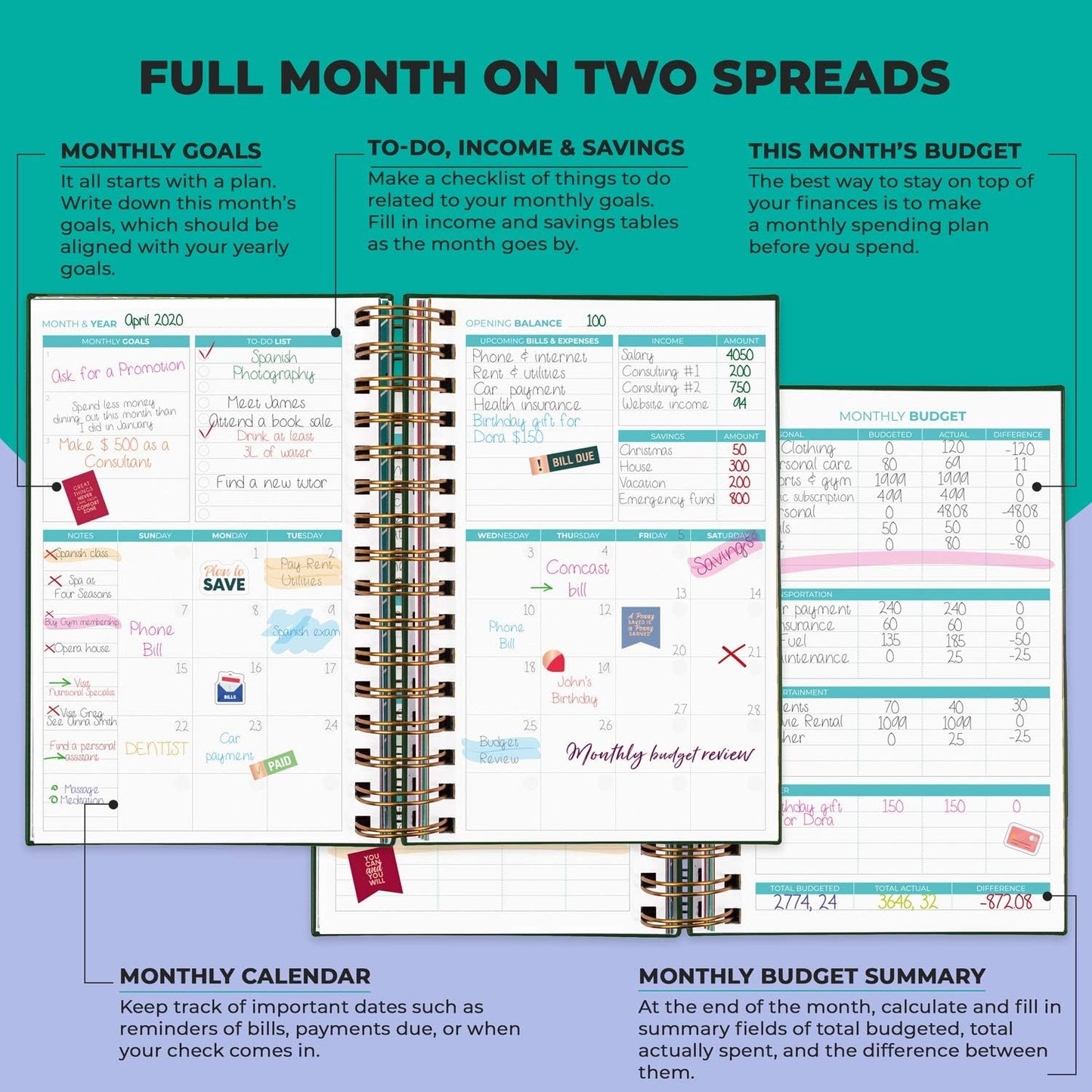 Clever Fox Budget Planner & Monthly Bill Organizer With Pockets. Expense Tracker, Budgeting Journal & Financial Book. Medium, 5.1x8.2" (Dark Green)