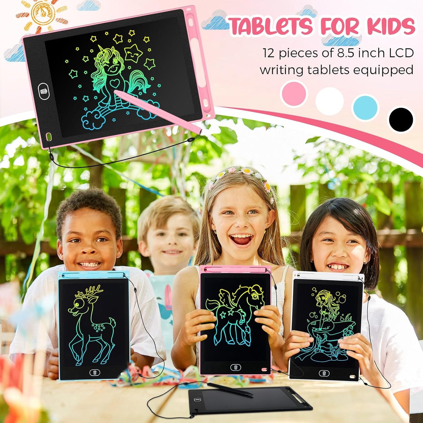 Tinlade 12 Pack LCD Writing Drawing Tablets 8.5 Inch Bulk Colorful Doodle Board Erasable Electronic Painting Drawing Pads Learning Toy Gifts for Kids Christmas School(Pink, Light Blue, White, Black)