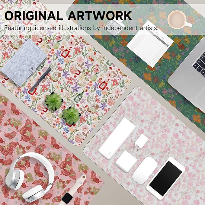 Botanical Floral Desk Pad Blotter,Large Mouse Pad 35 x 17in,PU Leather Desk Mat Writing Pad Protector, Non-Slip Waterprrof,Desktop Decor for Home Office Women Girls (Spring Blossoms)