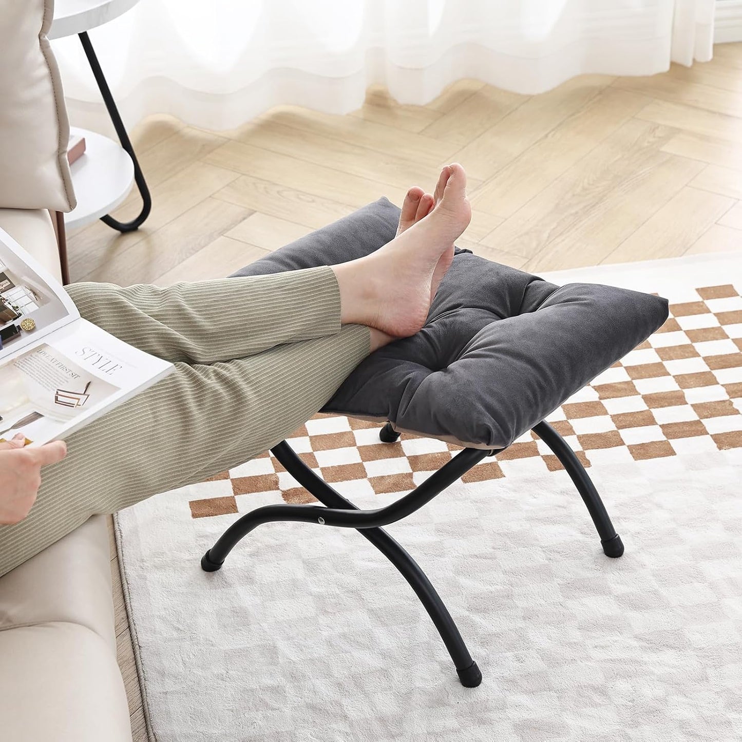 LITA Folding Upholstered Footrest Stool, Modern Small Portable Accent Ottoman with Detachable Thick Cotton Cushion Padded Sofa Stool with Metal Frame for Lazy Chair, Living Room & Bedroom, Smoky Grey