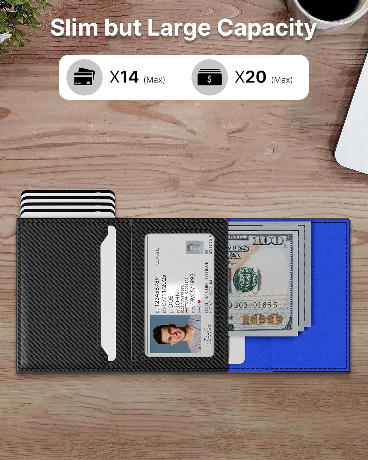 typecase Mens Wallet Card Holder: Pop Up Aluminum Case, Genuine Leather, Smart, RFID Blocking, Slim, Minimalist, Front Pocket - 9-14 Card Capacity | ID Window | Cash Slot (Carbon Fiber Navy)