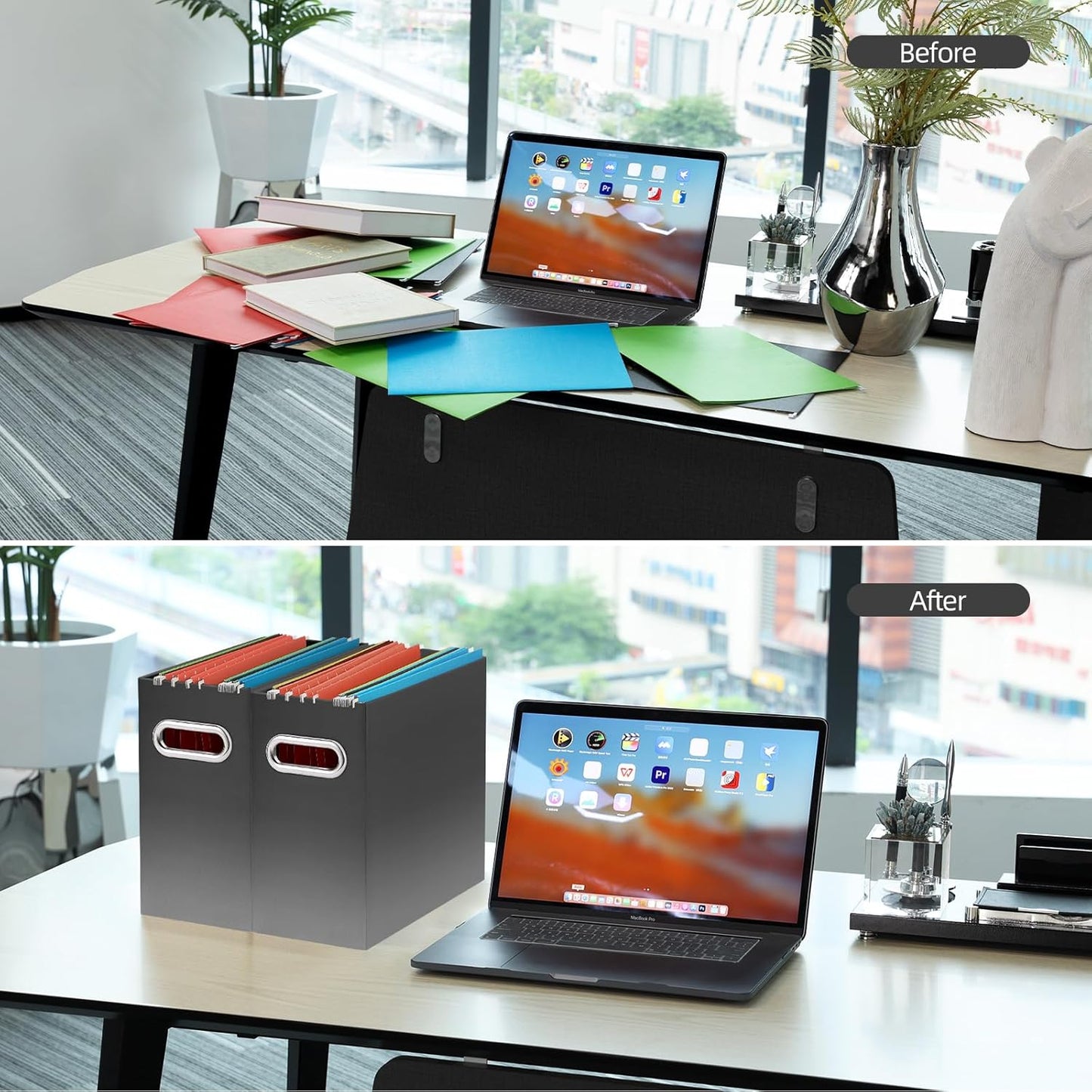 Oterri File Organizer, 4 Packs Small Storage Box, Cardboard File Folder Organizer, Collapsible File Box for Hanging File Folders Letter Size, Portable Filing Organizer with Handle (Gradient Dark Grey)