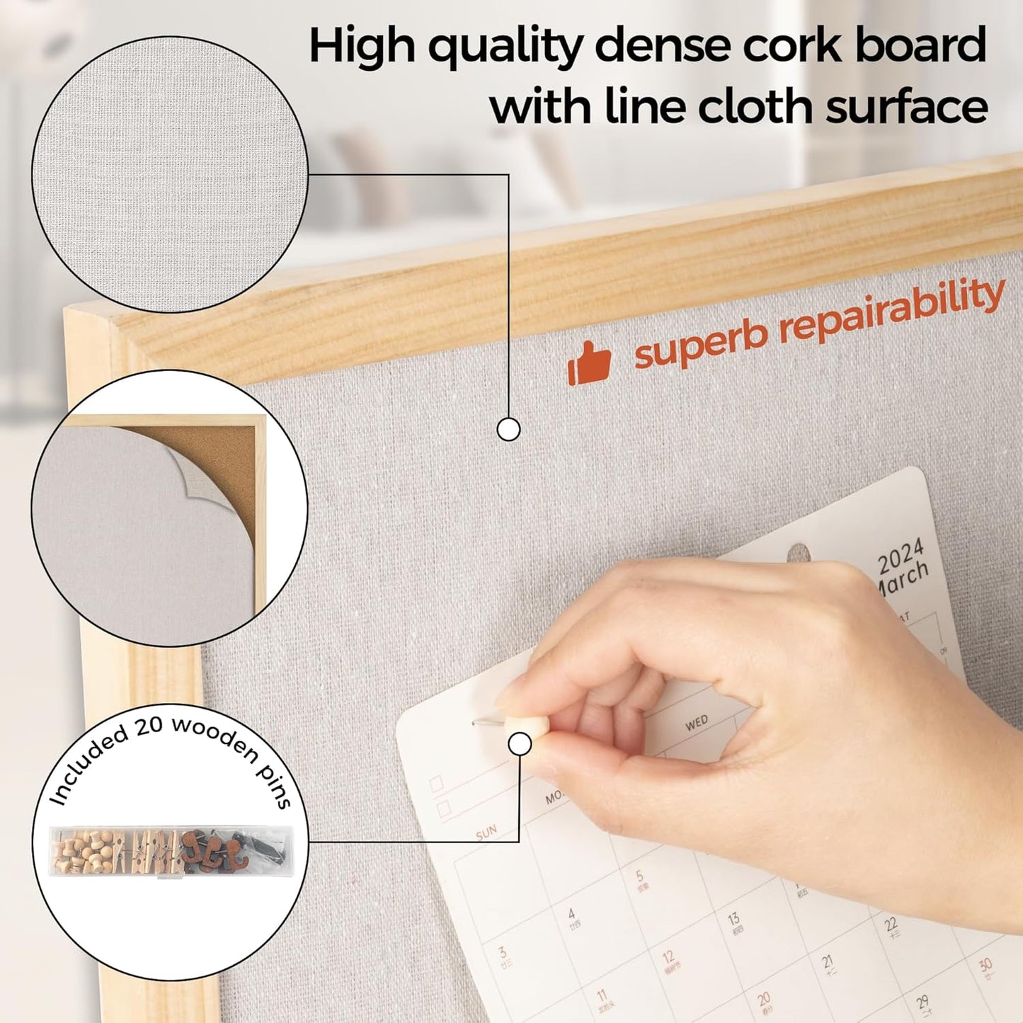 Fun Memories Cork Board Bulletin Board for Office, 20" x 30" Pine Wooden Framed Corkboard, Wall Mounted Notice Pin Board for School Home & Office, Natural Wood