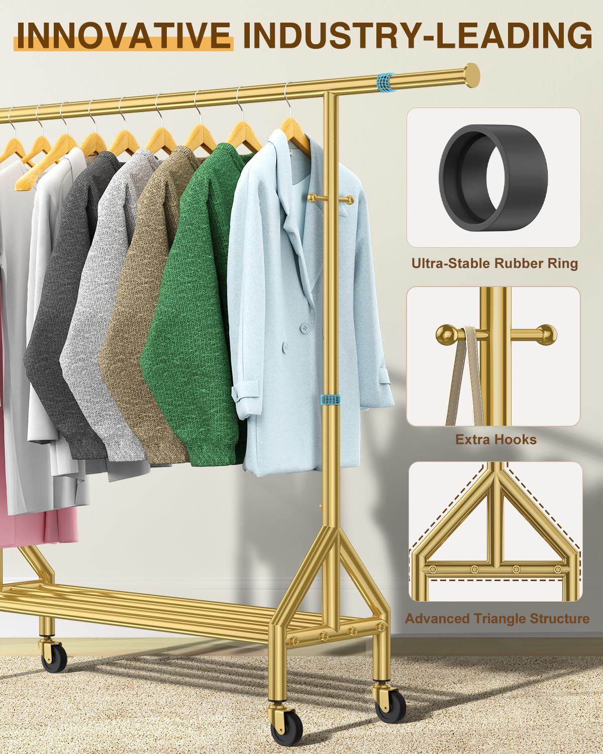 Upgraded 100% Stainless Steel Clothing Rack Load 760LBS, Heavy Duty Clothes Racks with Larger & Sturdy Wheel, Extendable & Adjustable Rolling Garment with Shelves (1 Single Rod, Gold)