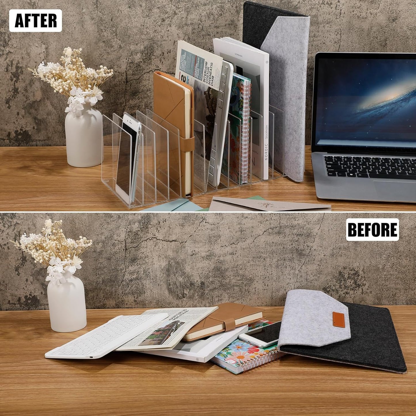 Ctosree Acrylic File Organizer for Desk Vertical 15 Compartments File Sorter Mail Organizer Desktop Countertop Folder Stand Racks for Office Home School Desk(Rectangle,Clear)