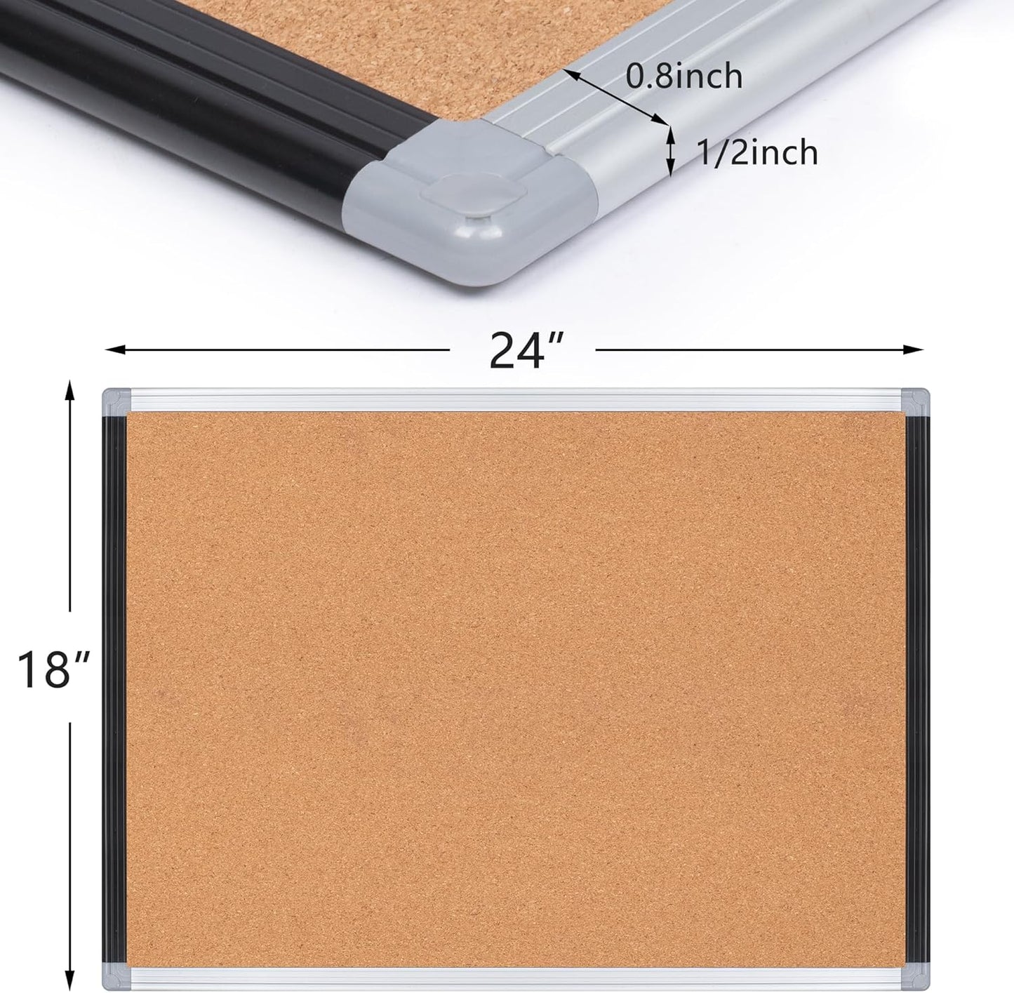 Board2by Cork Board Bulletin Board 24" x 18", Black/Sliver Aluminium Framed Corkboard, Office Board for Wall Decor, Large Wall Mounted Notice Pin Board with 18 Push Pins for School, Home & Office
