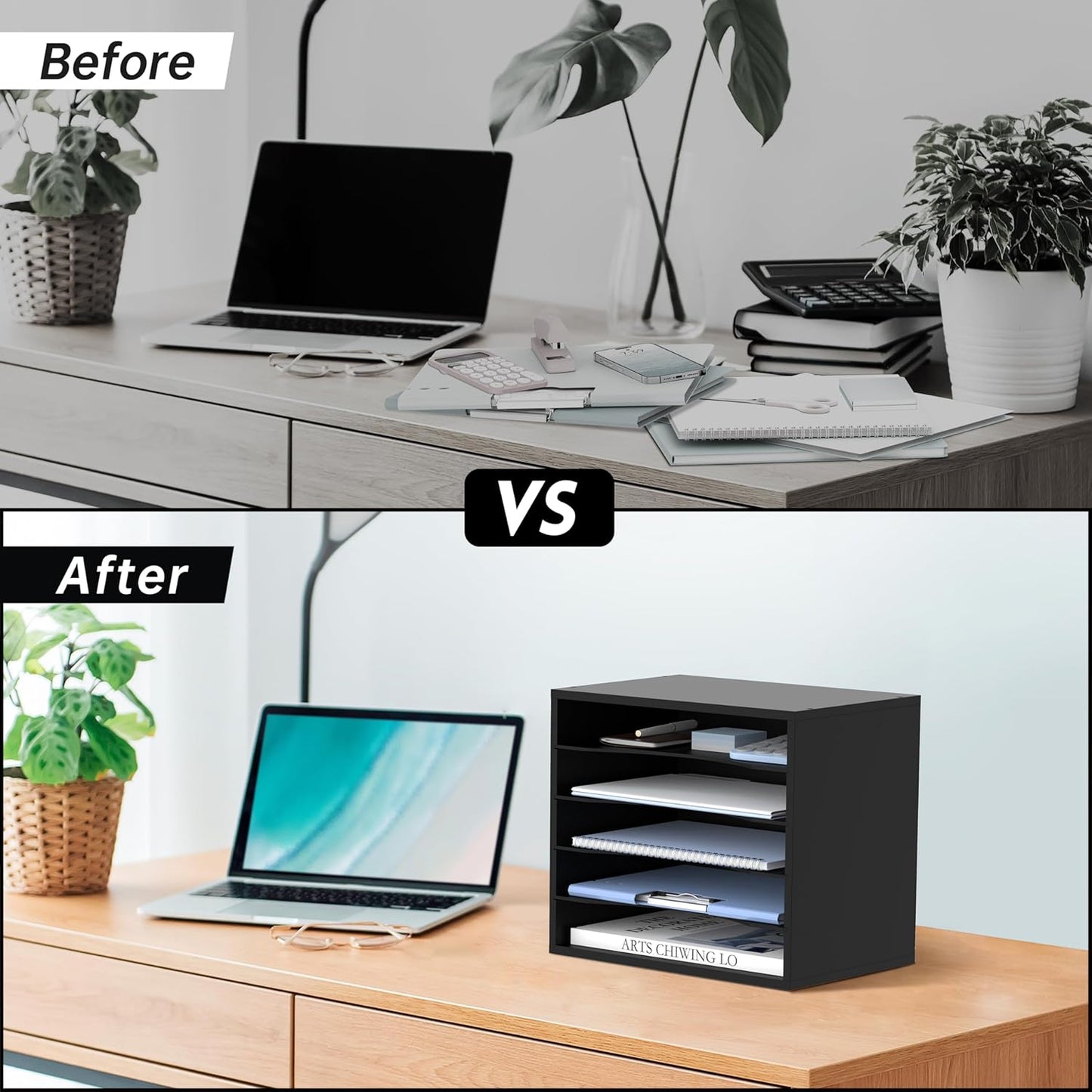 SUPEASY Wood Desk Organizer, 5 Tier Paper File Organizer for Desk, Wooden Desktop Organizer, Paper Letter Literature Mail Sorter, for Office School & Home Organization, Black