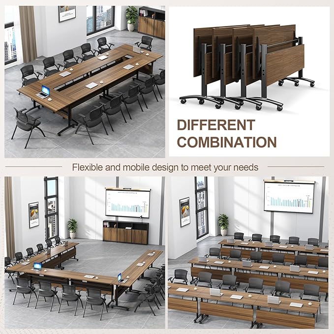 Folding Conference Room Table, Modern Conference Tables with Wheels, Large Rectangular Mobile Training Tables for Office Classroom, Foldable Modular Boardroom Seminar Table Walnut (4pack L55.1in)