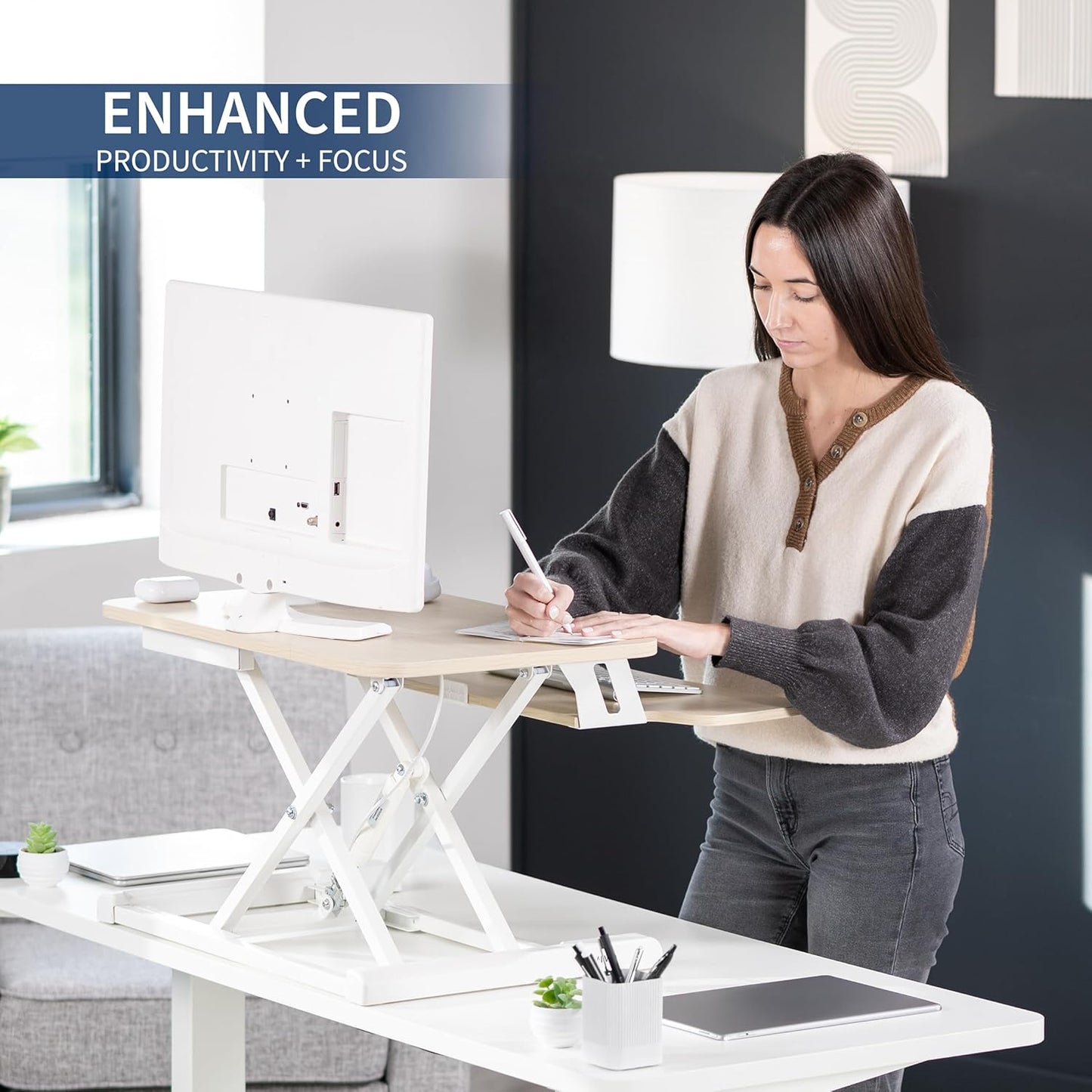 VIVO 26 inch Desk Converter, K Series, Height Adjustable Sit to Stand Riser, Dual Monitor and Laptop Workstation with Keyboard Tray, Light Wood Top, White Frame, DESK-V026KF