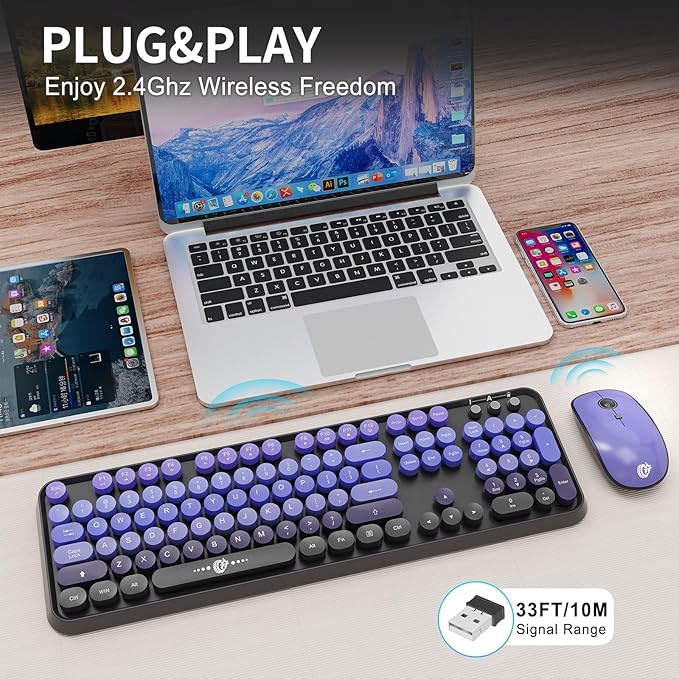 FOPETT Wireless Keyboard and Mouse Combo, 104 Keys Full-Sized 2.4 GHz Round Keycap Colorful Keyboards, USB Receiver Plug and Play, for Windows, Mac, PC, Laptop, Desktop (GradientPurple)