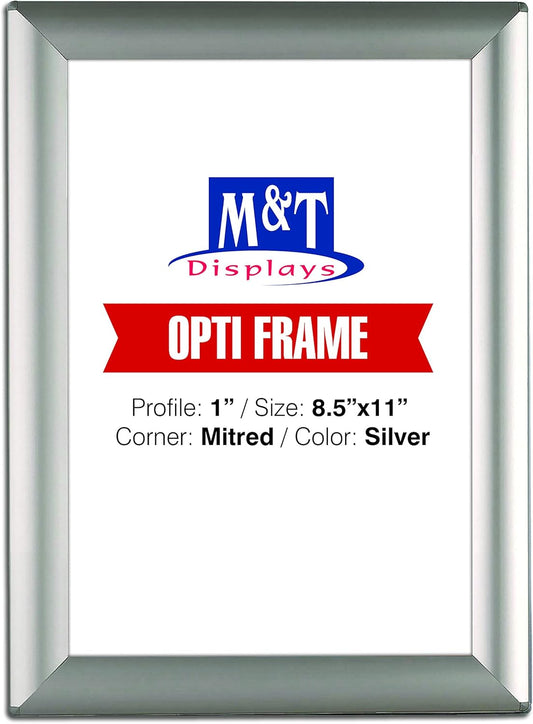 M&T Displays Opti Snap Poster Frame 8.5x11 Inch with Back Support Silver Color Aluminum Profile, Front Loading, Wall Mounting, Photo, Picture, Document, Sign Holder