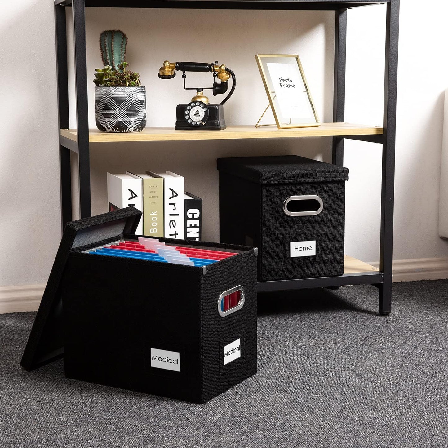 PRANDOM File Organizer Box - Set of 4 Collapsible Decorative Linen Filing Storage Hanging File Folders with Lids Office Cabinet Letter Size Black (14x9.3x10.8 inch)