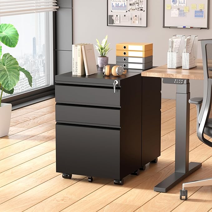 Superday Black File Cabinet 3 Drawer, Fully Assemble Metal Rolling Vertical Filing Cabinet with Wheels, Small Under Desk File Cabinets for Home Office