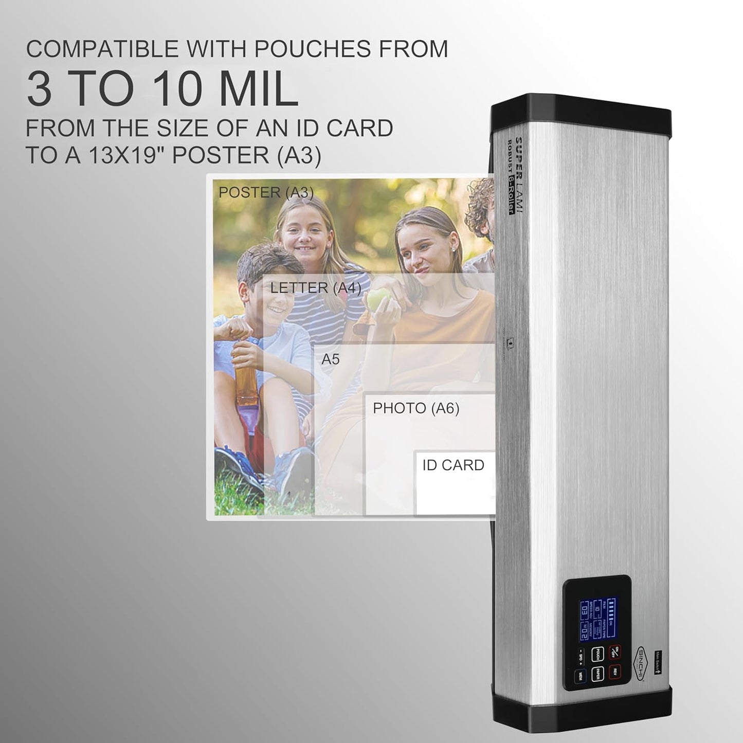 SINCHI Robust 6-Roller Laminator Machine with LCD Display, 3-10 Mil, Heavy Duty, 13-inch Thermal Laminating Machine for Commercial Use, 1.5-Minute Warm-up, 90 Inches/Minute, 105 Settings & 99 Memories