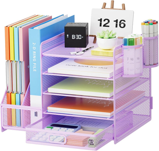 Marbrasse Desk Organizer with File Holder, 5-Tier Paper Letter Tray Organizer with Drawer and 2 Pen Holder, Mesh Desktop Organizer and Storage with Magazine Holder for Office Supplies(Purple)